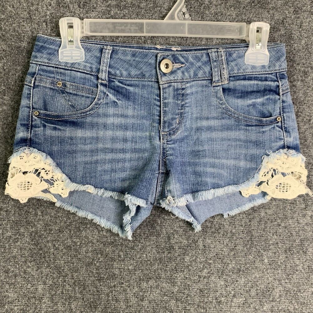 Denim Hot Pants Booty Shorts Jolt Jr Size 1 Crochet Detail Raw Hems